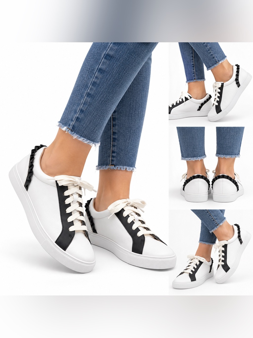 Talbots Women’s White & Black Leather Low Top Lace-Up Sneakers Ruffle Trim - 8.5